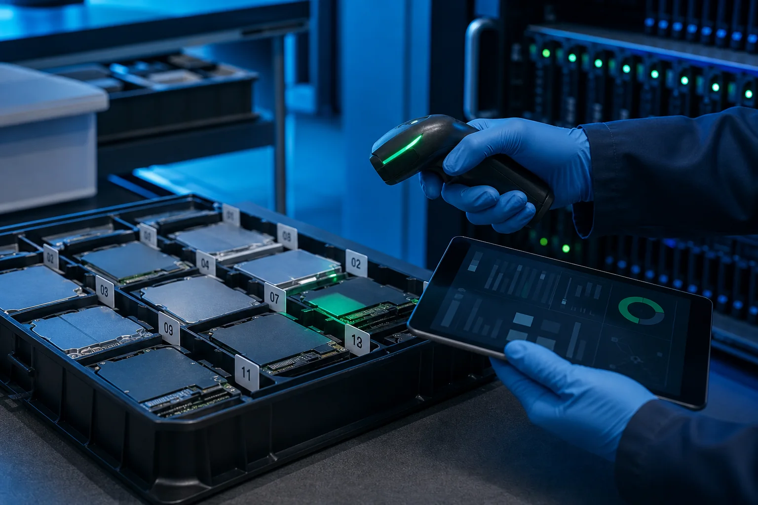Mídias de armazenamento corporativas sendo inventariadas com leitor de código
